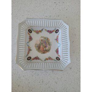 Bavaria Schumann  Reticulated Hand Cut Square Trinket Candy Dish Gold Trim Vtg